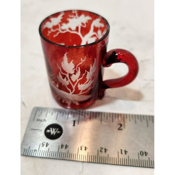 Vtg Set of 4 Bohemian Flash Glass Red Etched Deer Miniature Shot Mugs 1.75" Tall - Picture 12 of 12